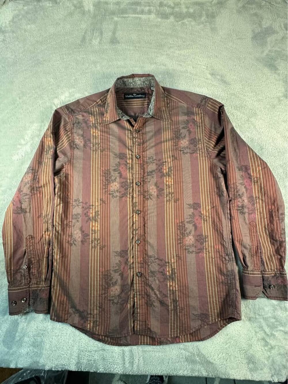 Malibu Cowboy Men’s Western Shirt Size L Brown Striped Floral Button Up